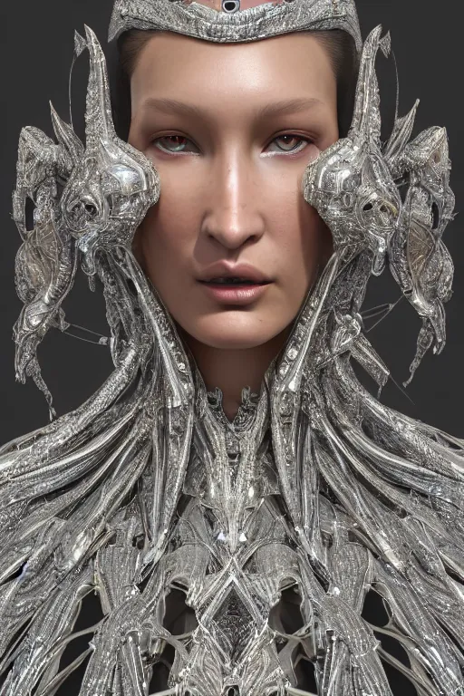 Image similar to a highly detailed metahuman 4 k render close up of a divine alien goddess bella hadid in iris van herpen dress schiaparelli in diamonds swarovski and jewelry in style of alphonse mucha trending on artstation made in unreal engine 4