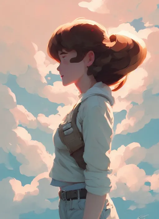 Image similar to portrait of cute maiden girl cowered, cloud sky background, by atey ghailan, by greg rutkowski, by greg tocchini, by james gilleard, by joe gb fenton, by kaethe butcher, dynamic lighting, gradient light blue, brown, blonde cream and white color in scheme, grunge aesthetic