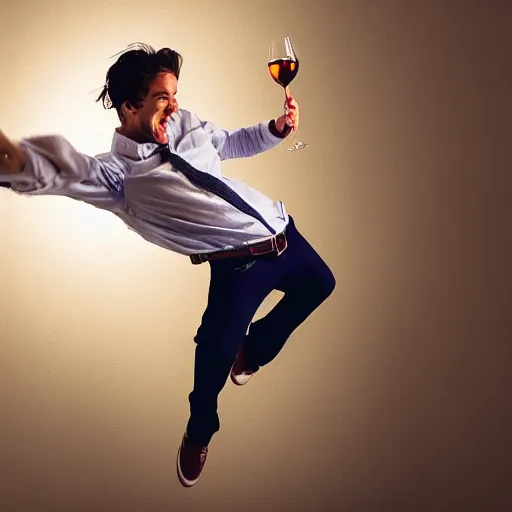 Prompt: a detailed portrait of a male model boisterously dancing around the room by himself holding an empty wine bottle as he jumps in the air in an (art studio), striking artistic concept, perfect composition, detailed facial expression, fine detail, dramatic lighting, award-winning photo UHD, 4K