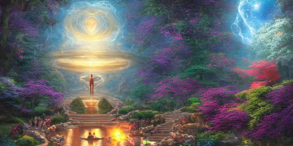 Prompt: a man open a multiversal portal to a perfect reality, by greg rutowski and thomas kinkade, trending on artstation