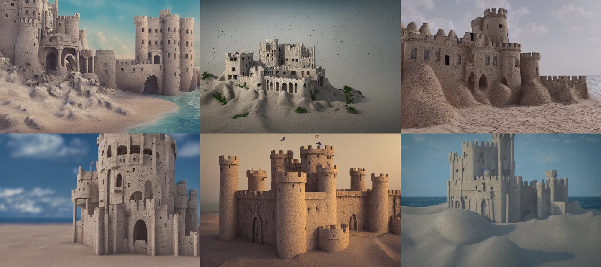 Prompt: photography of crumbling castle made of sand washed into the sea, detailed, UHD, 50mm, photorealistic, hyper realism, octane render, bokeh