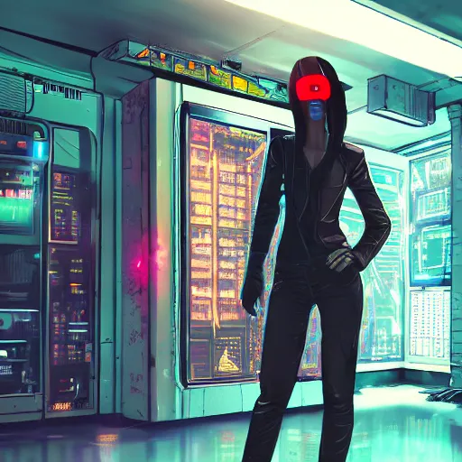 Prompt: a digital illustration of a cyberpunk fashion girl wearing street urban futuristic cyberpunk clothing in the interior of a cyberpunk lab, inside there are drones and robots and a vending machine with neon lighting and foggy environment by craig mullins, 3d scene, render, ultra realistic, ray tracing, night time, volumetric light, artstation, cgsociety, level design, unreal engine, 3d scene, zenith view