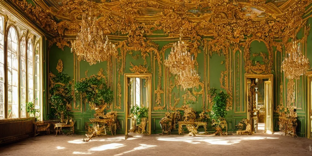 Prompt: a dream about Mallard Duck with a green head inside an opulent, ornate, abandoned overgrown Palace of Versailles, lush plants growing through the floors and walls, walls are covered with vines, beautiful, dusty, golden volumetric light shines through giant broken windows, golden rays fill the space with warmth, rich with epic details and dreamy atmosphere