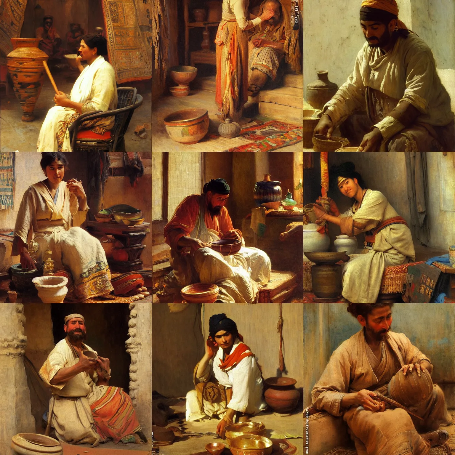 Prompt: orientalism painting of a potter by theodore ralli and nasreddine dinet and anders zorn and nikolay makovsky and edwin longsden long, oil on canvas, masterful intricate artwork, excellent lighting, high detail 8 k