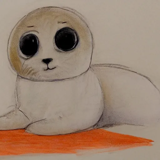 Image similar to a baby harp seal in an orange prisoner jumpsuit at the witness stand, courtroom sketch