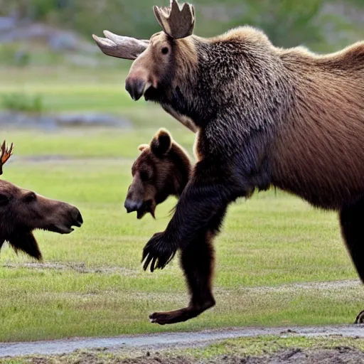 Prompt: moose fighting a brown bear