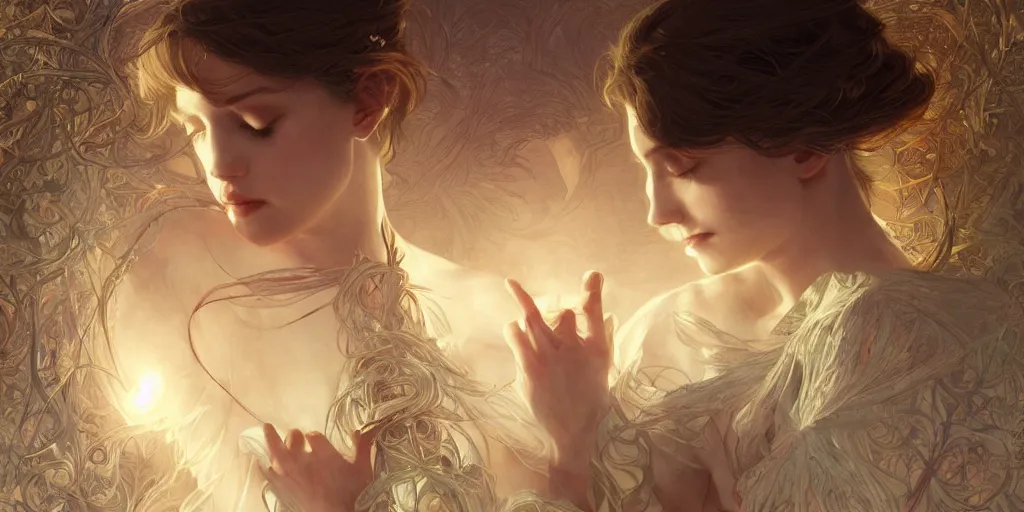 Image similar to broken heart in silence, masterpiece, cinematic, powerful, moon beams dramatic light, highly, intricate elements, hollow souls, detailed, digital painting, artstation, concept art, sharp focus, contrasty, illustration, art by artgerm and greg rutkowski and alphonse mucha, mitch foust, elaborate composition, intricate story