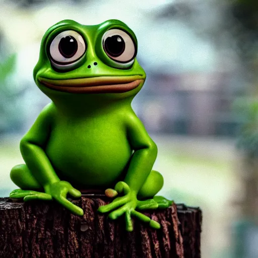 Image similar to baby pepe the frog, larg eyes, sitting on a log, wearing a bowler hat, pixar, disney, dynamic lighting, bokeh