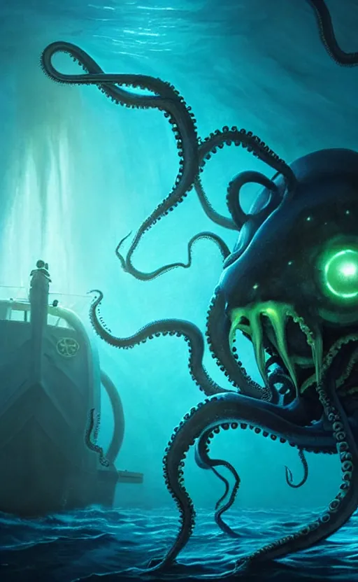 Prompt: scary octopus, horror, aquatic creature, sea monster, subnautica, darkness, ocean dept, thalassophobia, blue lights, stars, movie still, greg rutkowski, giger, maxim verehin