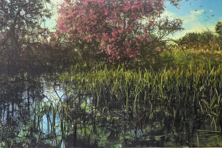 Image similar to hyperrealism oil painting, scene from louisiana swamps, spaceship sank, spring blooming flowers garden, true detective, artwork 8 0 s japanese sci - fi books art