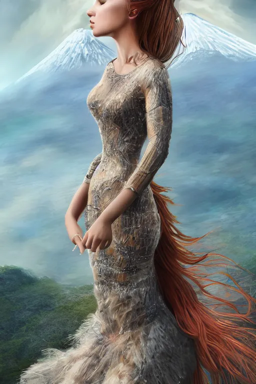 Image similar to a beautiful hyperrealistic ultradetailed 3D, one girl in a magnificent dress stands near a volcano, voge photo, fashion style, fullbody, in full growth, photorealistic, high resolution, trending on artstation, highly detailed, volumetric lighting,artstation, concept art, master illustration, elegant, details, good clear quality, volumetric lighting,