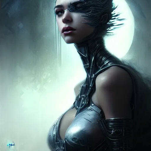 Image similar to mary mouser, darkwave, darksynth, character portrait, sharp, digital matte painting, art by luis royo, greg rutkowski, wlop, dramatic lighting, trending on artstation