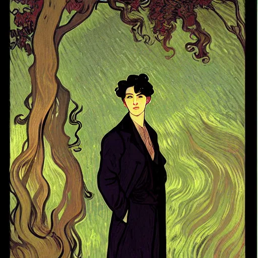 Image similar to painting of young cute handsome beautiful dark medium wavy hair man in his 2 0 s named shadow taehyung and cute handsome beautiful min - jun together at the graveyard party, ghostly, haunted gravestones, ghosts, autumn! colors, elegant, wearing suits!, clothes!, stylish, delicate facial features, art by alphonse mucha, vincent van gogh, egon schiele