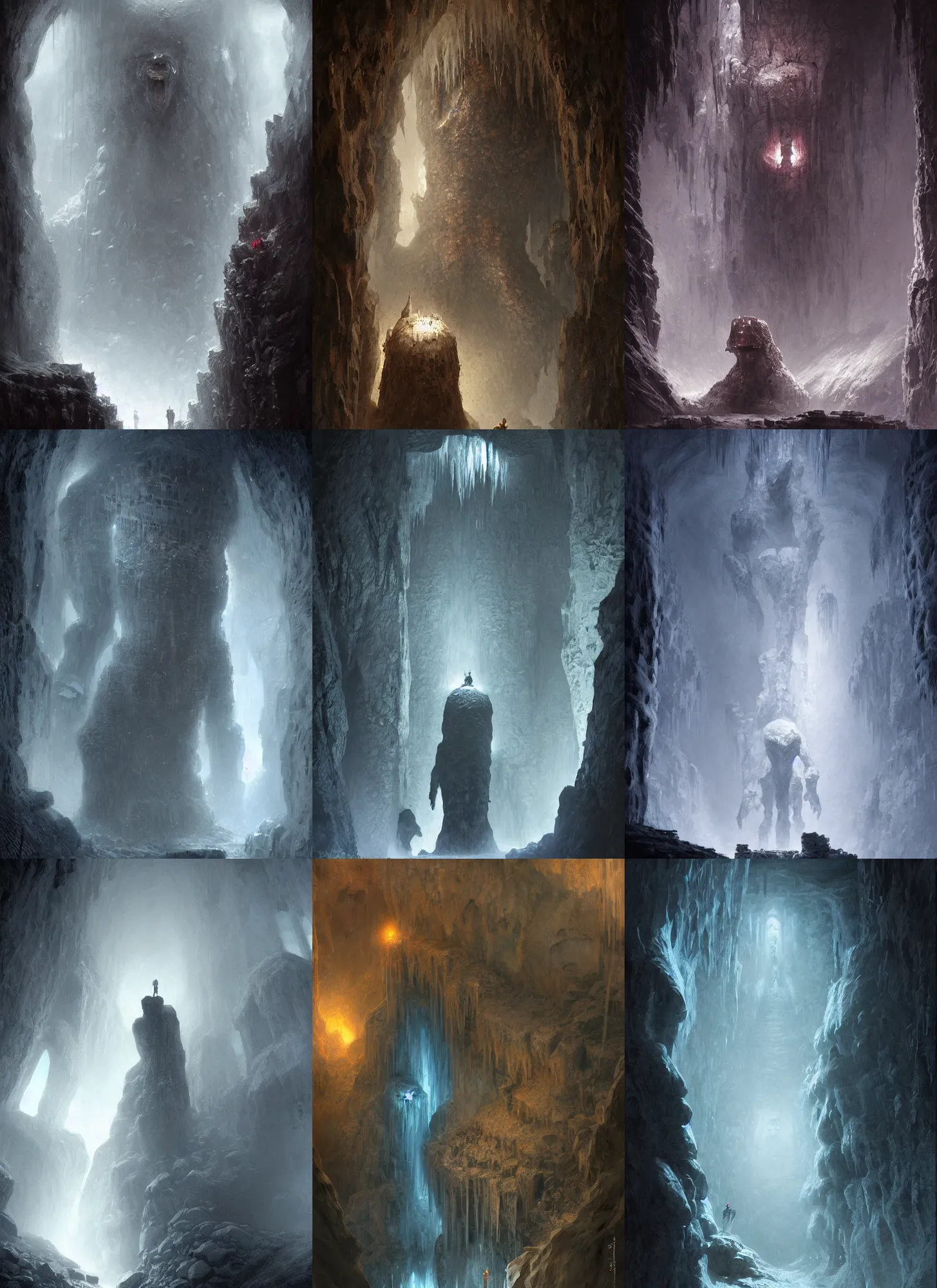 Prompt: ice golem in the back of a dark cave, intricate, elegant, sharp focus, highly detailed, concept art, digital painting, aleksi briclot, rutkowski, beksinski