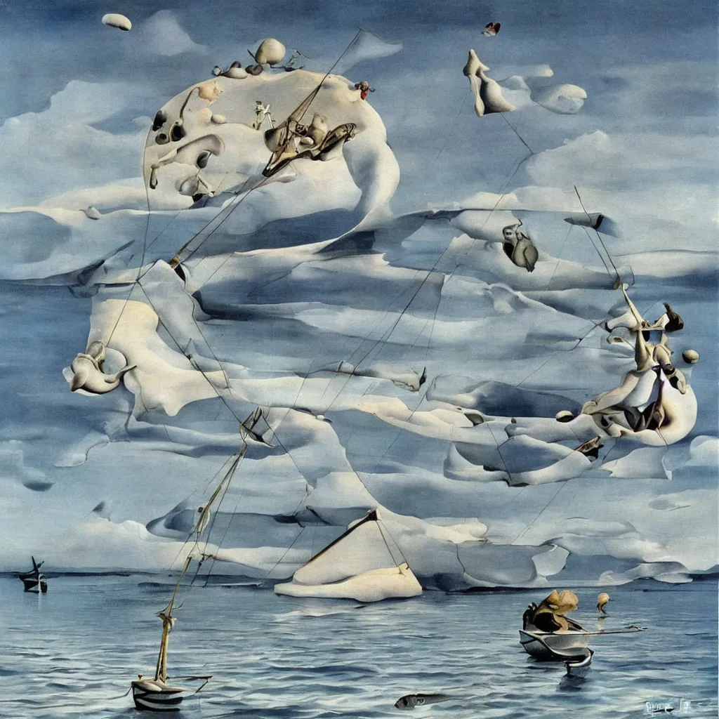 Prompt: baby harp seal sailing a trimaran, painting by salvador dali, surrealism