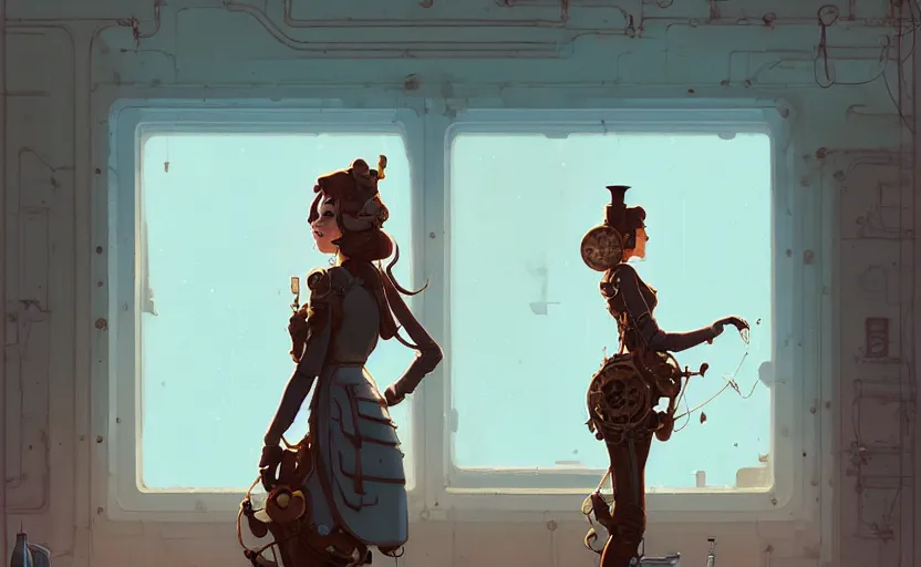 Image similar to female steampunk princess standing near the window by atey ghailan, by greg rutkowski, by simon stalenhag, by greg tocchini, by james gilleard, by joe fenton, by kaethe butcher dynamic lighting, gradient light blue, brown, blonde cream and white color scheme, grunge aesthetic