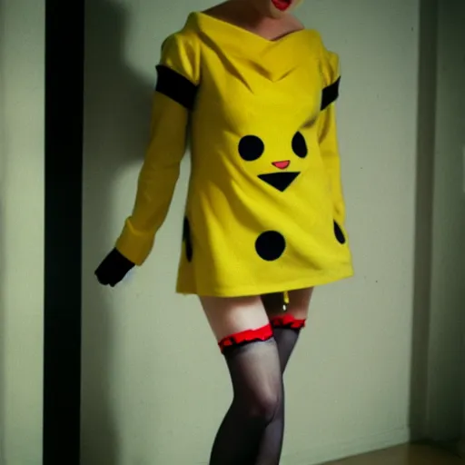 Image similar to elegant woman dressed up as pikachu, wearing stockings, photo by David Hamilton,