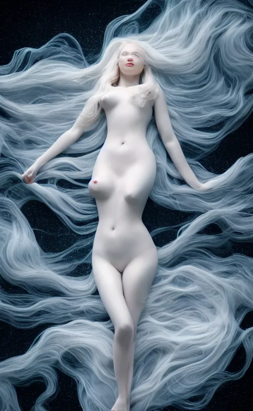 Prompt: full body Painting of a beautiful woman floating in the black sky, long blonde hair, delicate, pale milky white porcelain skin in long silky cloth, rendered in octane. 8K. Extremely detailed.