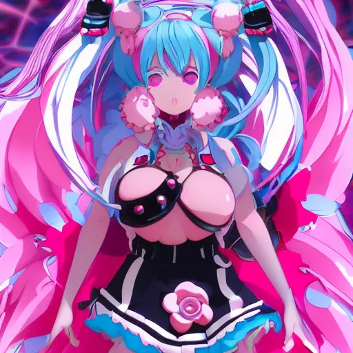 Image similar to stunningly beautiful omnipotent megalomaniacal anime goddess who looks like junko enoshima with symmetrical perfect face and porcelain skin, pink twintail hair and mesmerizing cyan eyes, looking down upon the viewer and taking control, mid view from below her feet, hyperdetailed, 2 d anime, 8 k