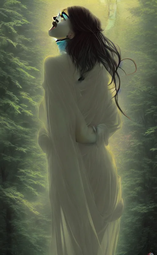 Prompt: in the style of thomas kinkade, shinsui ito, joshua middleton, transparent female ghost screaming, flowing dress, full body, symmetrical face, in the woods, moody lighting, dark fantasy