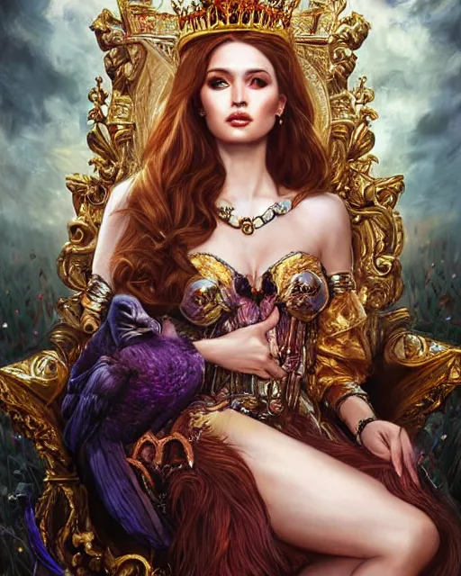 Prompt: a beautiful female queen sitting on a throne, 8 k, beautiful face, surrounded by ravens, hyperrealistic, hyperdetailed, fantasy portrait by laura sava