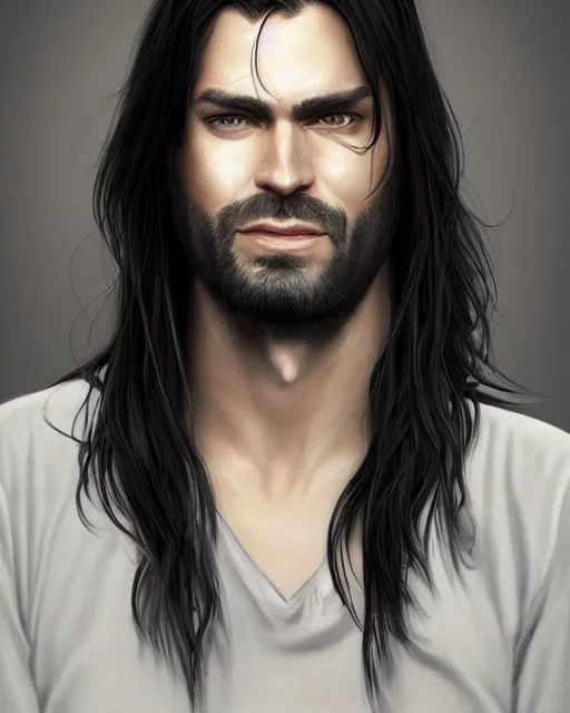 Image similar to portrait of tall, 3 3 - year - old handsome man with long dirty black hair, and ice grey eyes, wearing black clothes, no beard, hyper realistic face, beautiful eyes, character art, art by mark brooks, hyperdetailed, cryengine, trending on artstation, digital art