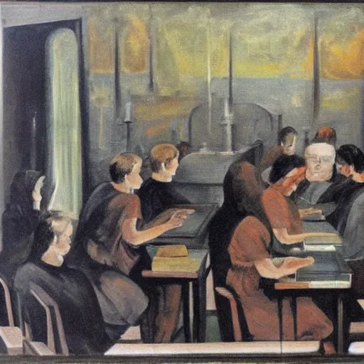 Prompt: The theoretical applications of theurgy, painting of a class in 1964