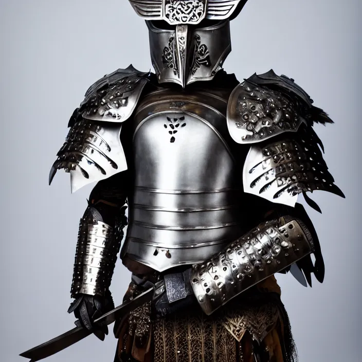 Prompt: full length portrait photograph of a warrior with metal owl armour Extremely detailed. 8k