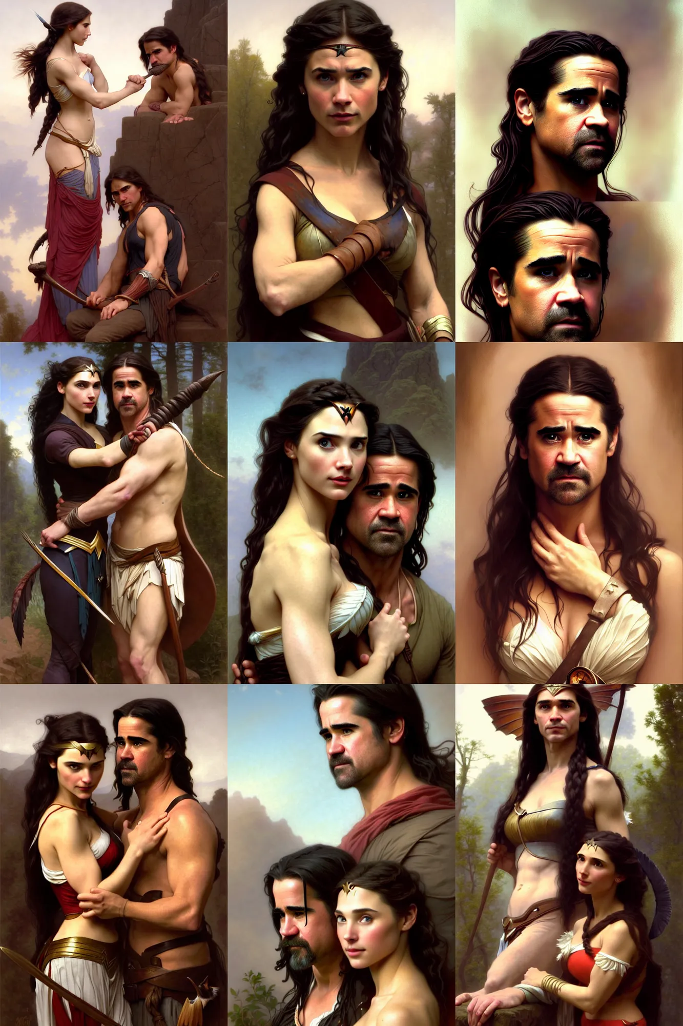 Prompt: romanticism depiction of colin farrell as smith and gal gadot as pocahontas girl, illustration by mandy jurgens and william adolphe bouguereau, artgerm, 4 k, digital art, surreal, highly detailed, artstation, digital painting, concept art, smooth, sharp focus, illustration by mandy jurgens and william adolphe bouguereau