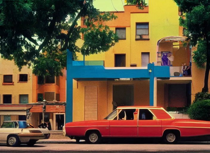 Prompt: still from a 7 0's art house movie by alejandro jodorowsky, edward hopper and chris cunningham : : outdoors scene in an urban setting : : cinestill 8 0 0 tungsten 3 5 mm, high quality, triadic color scheme