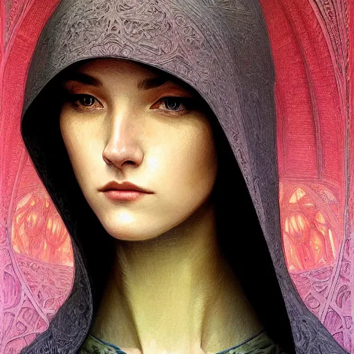 Prompt: Portrait of a young woman wearing a hooded robe, in a trance, non-centered shot, unique, intricate, elegant, highly detailed, digital painting, artstation, concept art, smooth, sharp focus, illustration, art by artgerm and greg rutkowski and alphonse mucha, by beksinski