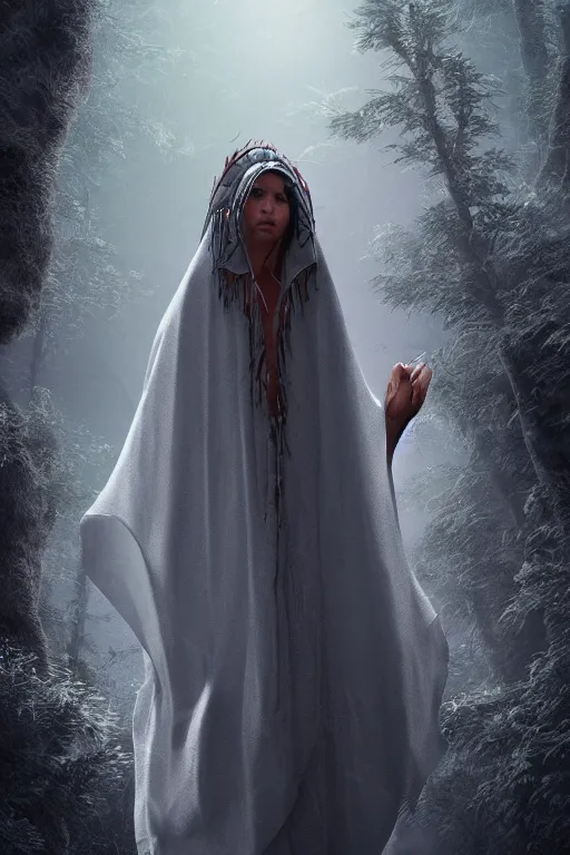 Image similar to magical realism futuristic shaman, cloak, spirit animal, ultradetailed, volumetric lighting, 4k UHD.