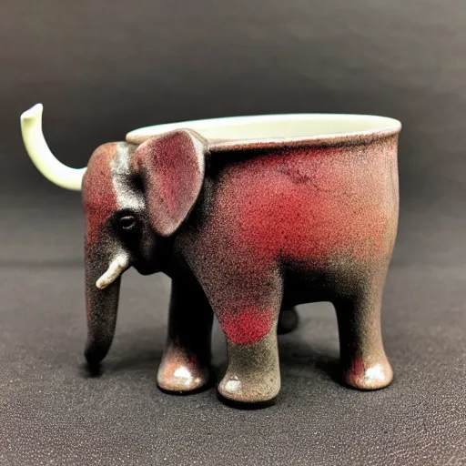 Prompt: elephant raku tea cup, as elephant, horse hair, cracked and