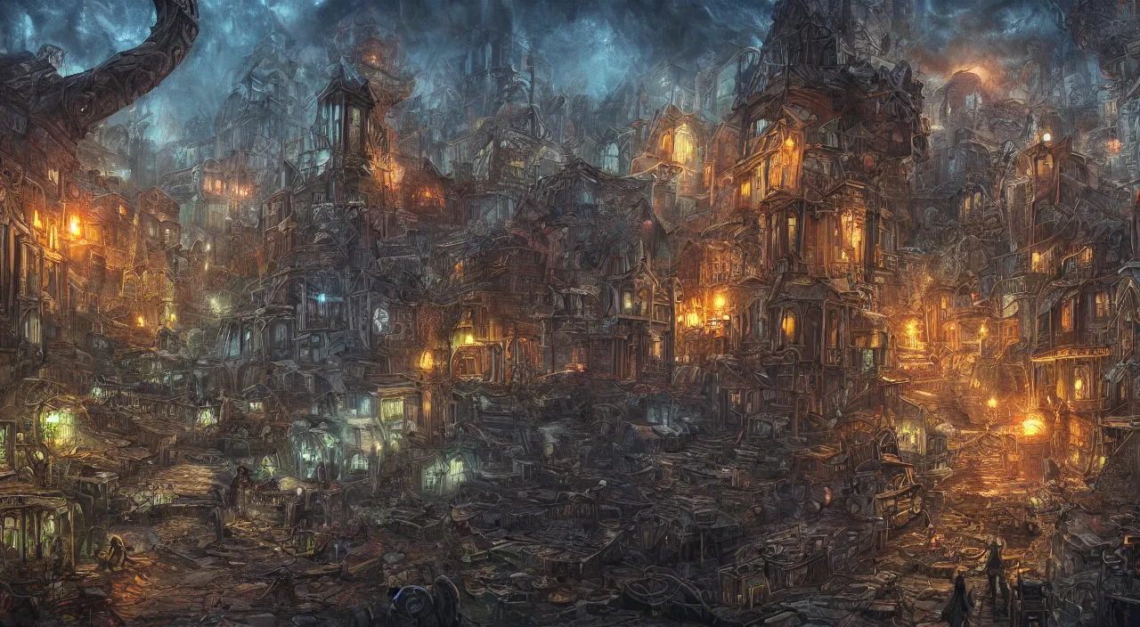 Image similar to lovecraftian town with living beings, large scale, breathtaking, mixed media, digital art, trending on artstation, 8k, epic composition, highly detailed, AAA graphics