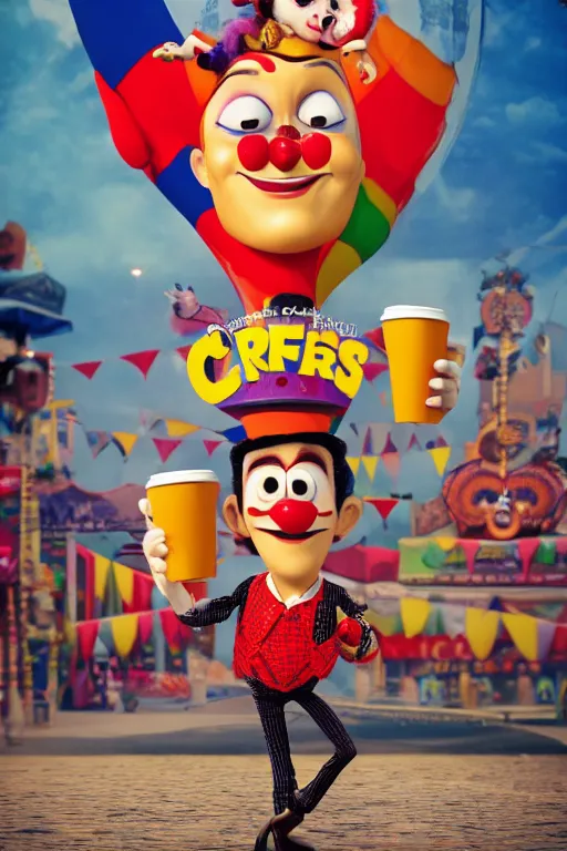 Image similar to portrait of a clown holding a cup of coffee with the circus in background, full body. pixar disney 4 k 3 d render funny animation movie oscar winning trending on artstation and behance. up movie style.