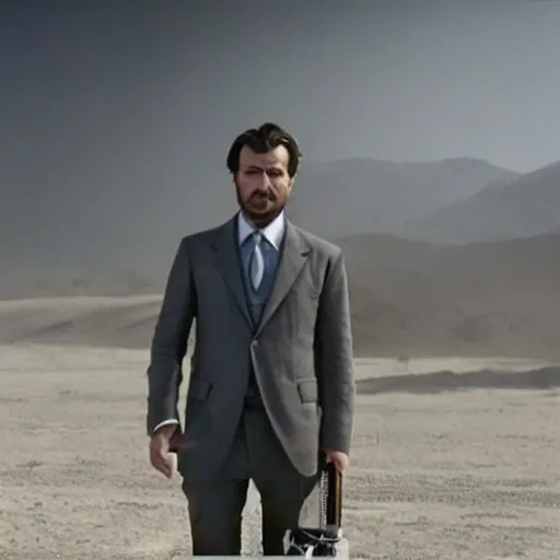 Prompt: kurdish capitalist wearing a suit, dressed smart, in a movie directed by christopher nolan, movie still frame, promotional image, imax 7 0 mm footage