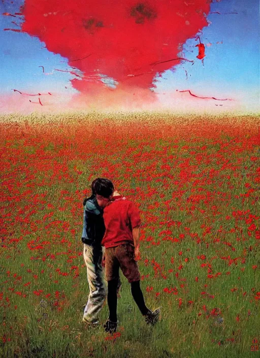 Image similar to two people in a field of red flowers and the world crushing around them, red sky, surreal, vivid colors, painting by Alexander Mandradjiev, part by Yoji Shinkawa, part by Norman Rockwell