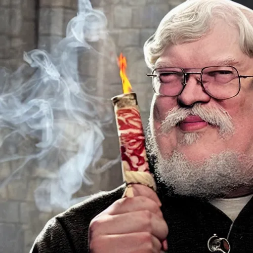 Image similar to cersei lannister is blowing smoke into george rr martin ’ s mouth and he is inhaling the smoke,