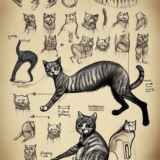 Image similar to anatomy of a cat with sketch drawings and arrows explaining each body part, da vinci notes, ultradetailed, anatomy study, artstation