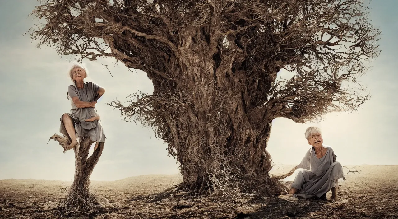 Image similar to 65-year-old woman merged with a tree, crying one single tear, facing the camera and sitting on a dried up river in a desolate land, blue sky, hot and sunny, highly-detailed, elegant, dramatic lighting, artstation, 4k, cinematic landscape, photograph by Elisabeth Gadd