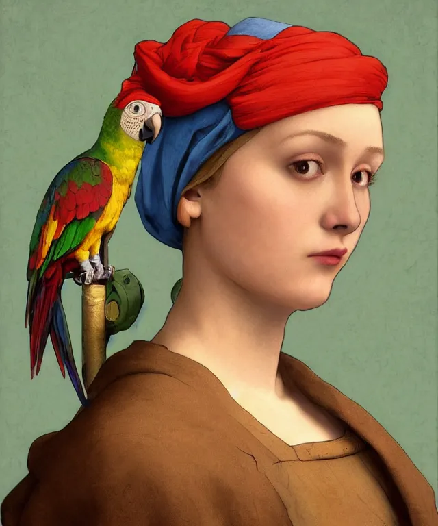 Image similar to parrot as the girl with the pearl earring, highly detailed, digital painting, artstation, concept art, smooth, sharp focus, illustration, ArtStation, art by artgerm and greg rutkowski and alphonse mucha and J. C. Leyendecker and Edmund Blair Leighton and Katsuhiro Otomo and Geof Darrow and Phil hale and Ashley wood and Ilya repin and Charlie Bowater