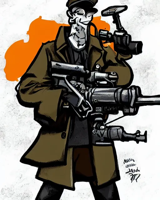 Image similar to a fox wearing a black trench - coat holding a mini - gun, comic art style, digital art,