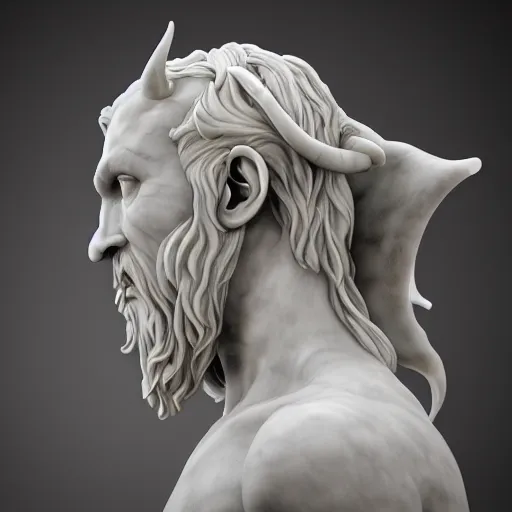 Prompt: a delicate renaissance marble sculpture of a aroused satanic demon Lucifer, highly detailed transparent marble cloth, gi, global illumination, physically based rendering, photorealistic, top light, dark background