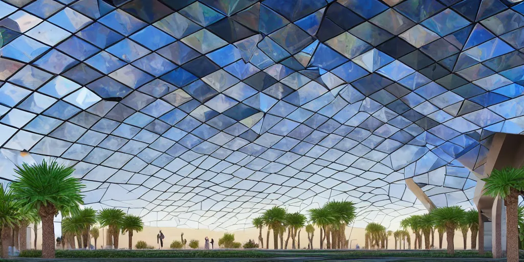 Prompt: faceted roof planes lift and descend creating shade and architectural expression, highly detailed, cyberpunk, situated in desert oasis, vivid colors, lush vegetation, wide lens