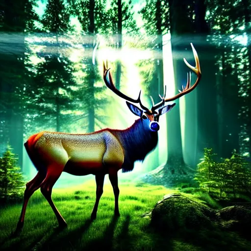 Image similar to beautiful hyper realistic stag. elven, celestial highly detailed magic athmospher. beautiful highly detailed forest background. blue light. sunlight rays throught the trees. intricate, elegant, long shot 8 k rendering.