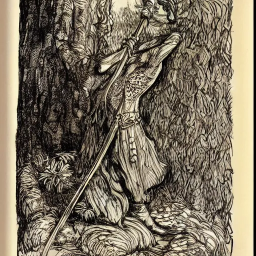 Prompt: pheasant holding a sword, swamp, by Auguste Rodin, by Irving Penn, illustrations by irish fairy tales james stephens arthur rackham, fairy tale illustrations, illustrations by Stephen Reid, Old School FRP, matt morrow art, old school dungeons and dragons