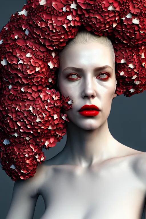 Image similar to complex 3 d render hyper detailed ultrasharp biomechanical female cyborg portrait with a beautiful porcelain profile face, mandelbrot fractal, elegant crown with huge white hydrangea flowers foliage leaves stems roots, red lips, alexander mcqueen haute couture, art nouveau fashion, octane render, 8 k