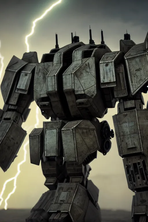 Image similar to hyper detailed 8 k cinematic still, rendering with volumetric lightning and ray tracing, show case of full body aggressive armored core, weathering armor plating, decipticon armor plating, aggressive head, endoekeleton exposure