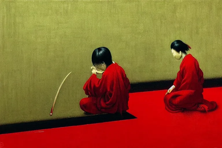 Image similar to only with red, a red samurai do seppuku, tokio, a lot of frogs watch, in the style of beksinski, parts by edward hopper, parts by rodcenko, parts by yue minjun, intricate and epic composition, red by caravaggio, insanely quality, highly detailed, masterpiece, red light, artstation, 4 k