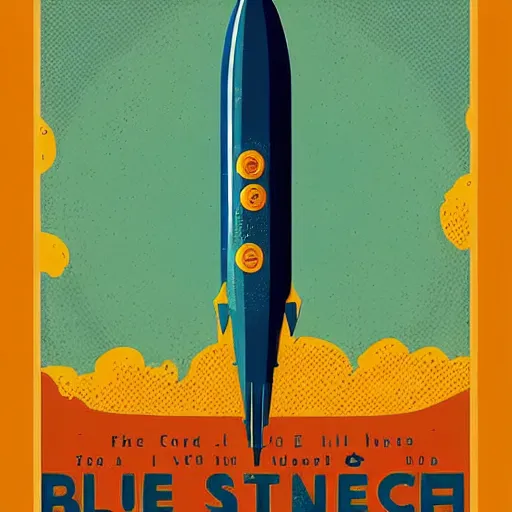 Image similar to blue v2 rocket in space in tin tin style, fruit orange as a planet, intricate sci-fi poster by Denis Villeneuve